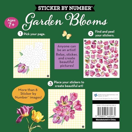Brain Games - Sticker by Number Compact Edition: Garden Blooms | 7x7 Inches | Travel Size Activity Book for Adults & Kids 7+ by Publications International Ltd.