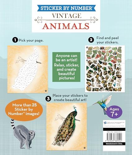 Brain Games - Sticker by Number - Vintage: Animals (28 Images to Sticker) by Publications International Ltd.