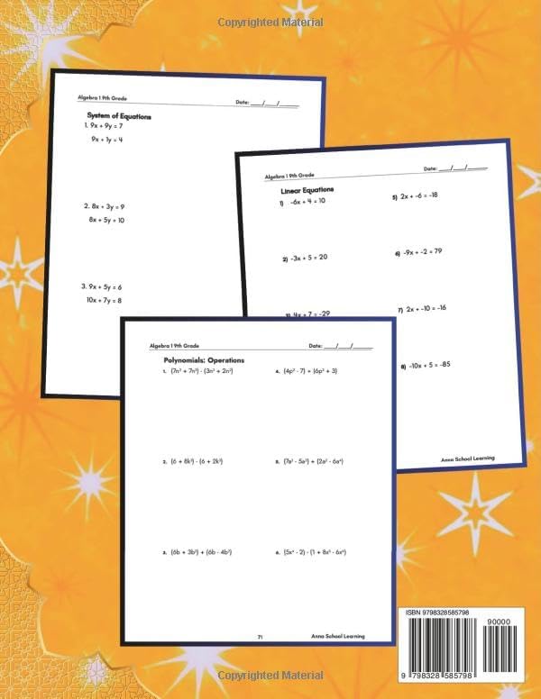 Algebra 1 Summer Workbook 9th Grade: with Verbal Algebra, Equations, Expressions, Linear Equations, System of Equations, Quadratic Equations, and ... Answers, Ages 14-15 (Summer Math Workbooks) by Anna School Learning