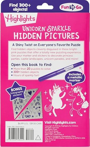 Unicorn Sparkle Hidden Pictures Puzzles: Find Over 300 Hidden Objects in this Unicorn-Themed Seek and Find Book for Kids 6 and Up (Highlights Fun to Go) by Highlights