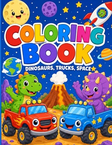 Dinosaurs Trucks Space Coloring Book: Fun and Easy Coloring pages for Kids Ages 2-6 with Cute Dinosaurs, Trucks and Rockets, Planets and Positive Words to Inspire Confidence and Creativity by Bonzik Book