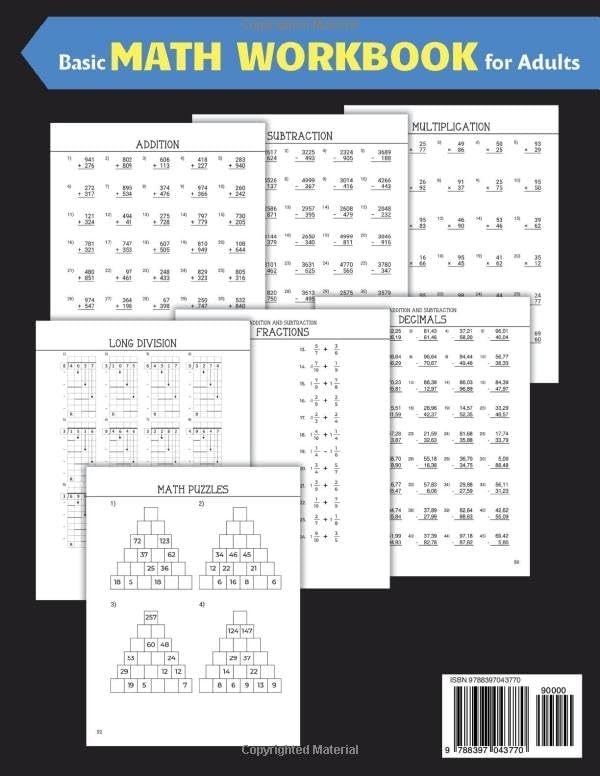 Basic Math Workbook for Adults: Activity book with over 3100 tasks of addition, subtraction, multiplication, long division, fractions and decimals to ... basic skills and keep the mind active. by Math I like it!
