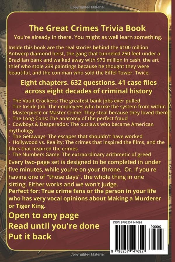 The Great Crimes Trivia Book: 600+ Questions and 40+ Profiles on History's Most Daring Heists, Cons, and Criminals | 6x9, 148 pages | Bathroom Reader ... (Flush With Fear - True Crime Trivia Books) by Rafferty Vane