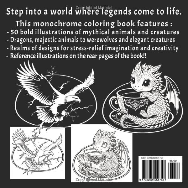 Mythical Animals & Creatures Monochrome Coloring Book for Adults: 50 Bold Fantasy Designs for Stress Relief, Creativity, and Relaxing Coloring for ... (Bold & Daring Monochrome Coloring Book) by Greydusk Studio