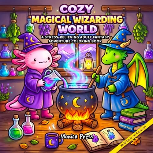 Cozy Magical Wizarding World Coloring Book: A Cozy Fantasy Coloring Book for Adults & Teens Featuring Cute Wizards, Dragons, and Relaxing Magical Scenes by Monica Press