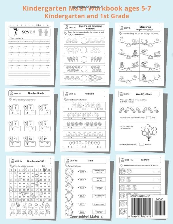 Kindergarten Math Workbook: Kindergarten and 1st Grade Workbook Age 5-7 | Practice Number, Addition, Subtraction, Measurement, Shapes, Time and Money by GloryWork Publishing