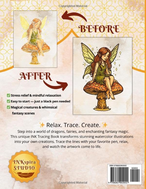 INKspira: Dragons & Fantasy Ink Tracing Book: Magical Watercolor-Inspired Illustrations to Trace and Relax with Dragons, Elves & Enchanting Worlds (INKspira Tracing Collection) by INKspira Studio