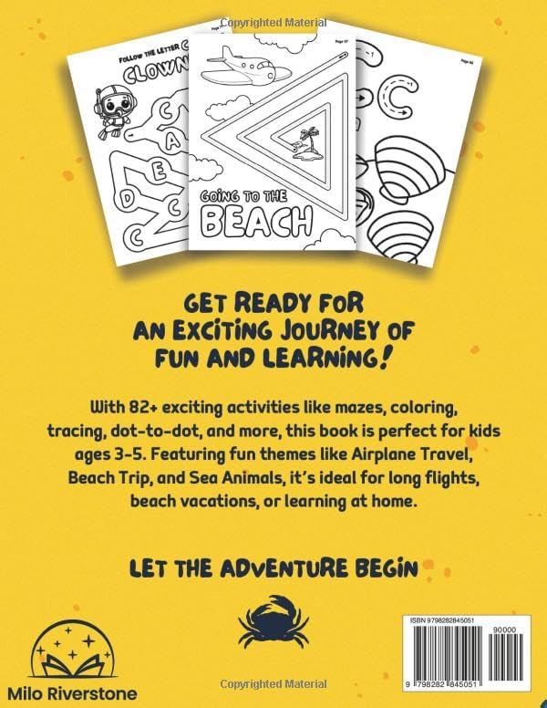Airplane Travel Activity Book for Kids Ages 3-5 | 82+ Fun Preschool Activities | Mazes, Dot-to-Dots, Tracing, Matching & Coloring | Airport, Beach & Ocean Animal Theme Holiday Vacation Workbook by Milo Riverstone