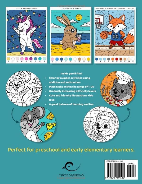 Color by Math for Kids Ages 5–7: Fun Color by Number Math Workbook with Addition and Subtraction to 20 | Kindergarten & 1st Grade by Three Sparrows