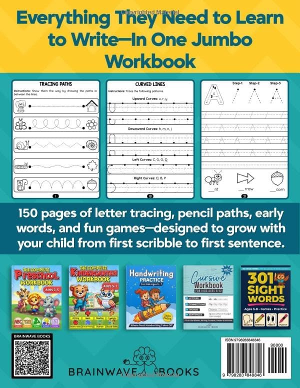 Trace and Write Jumbo Learn-to-Write Workbook for Ages 3–5: 150 Pages of Pre-Writing Paths, Letter Tracing A–Z, First Words, and 30+ Fun ... Practice for Preschool, Pre-K & Kindergarten by BrainWave Books