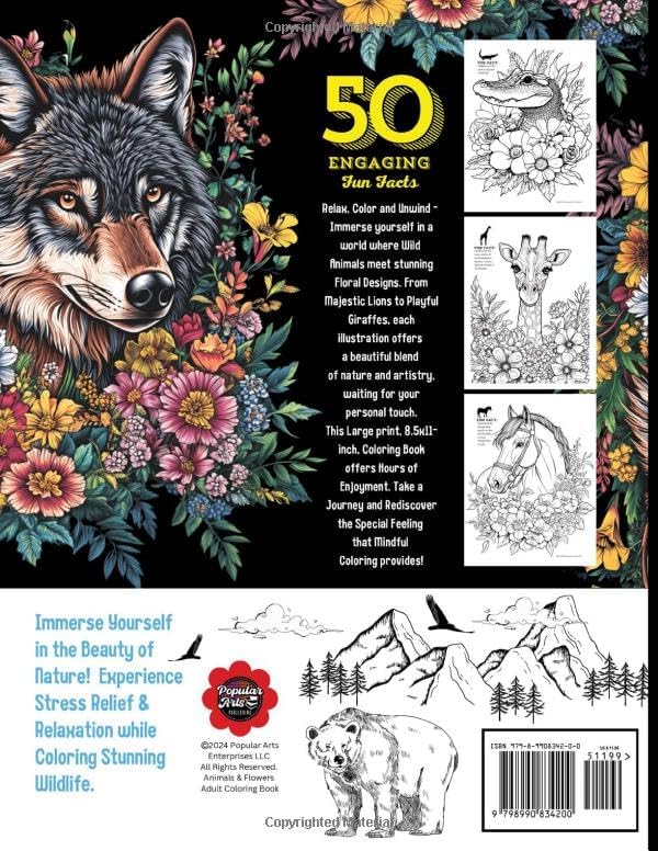 Animals & Flowers Adult Coloring Book: 50 Large Print Illustrations of Wild and Domestic Creatures, Fun Facts, and Beautiful Blooming Florals For ... Animals, Dogs, Cats, Butterflies and Birds!) by Popular Arts Enterprises