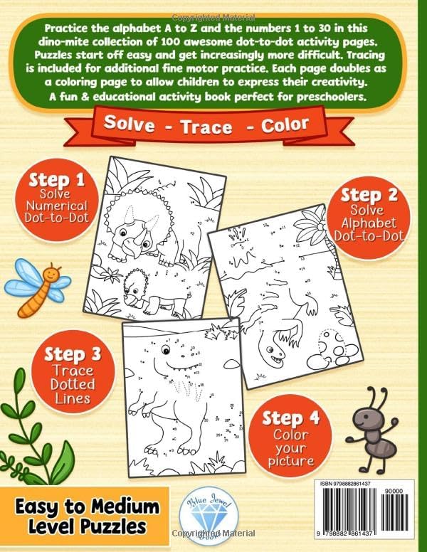 Dot to Dot for Kids Ages 3-5: Connect the Dots Dinosaur Activity Book, Preschool Workbook with Numbers, Letters, Tracing and Coloring by BJB Publishing