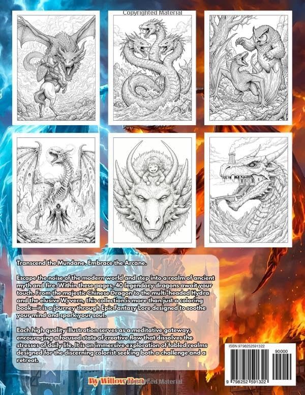 Dragons Coloring Book for Adults: 40 Amazing Mythical Dragon Illustrations from Epic Fantasy Lore for Stress Relief, Mindfulness, and Creative Relaxation (Quiet Moments Atelier) by Willow Ren