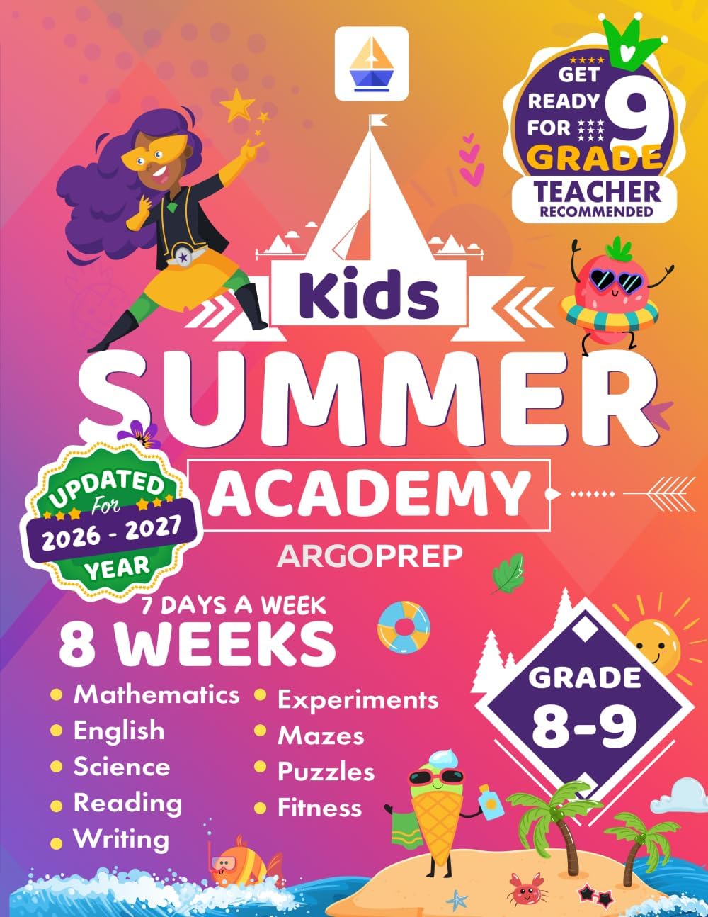 Kids Summer Academy by ArgoPrep - Grades 8-9: 8 Weeks of Math, Reading, Science, Writing, Logic, Fitness and Yoga | Online Access Included | Prevent Summer Learning Loss by ArgoPrep